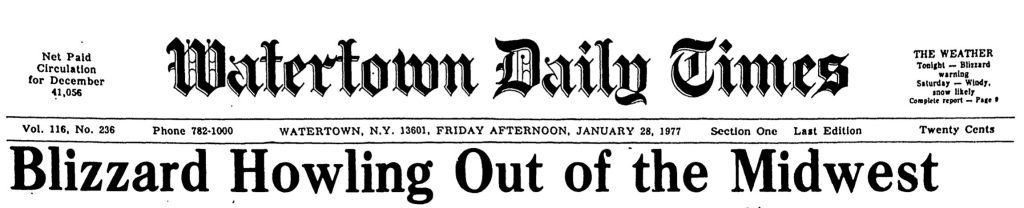 Blizzard of 1977 Watertown Daily Times headline