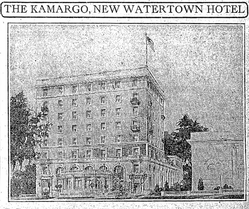 Drawing of Kamargo Hotel next to library