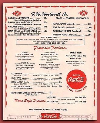 Woolworth lunch counter menu