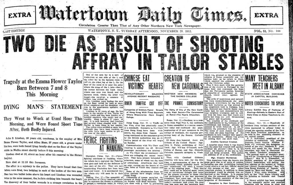 The Unsolved Taylor Stable Murders - November 28, 1911 2 Watertown Daily Times front page