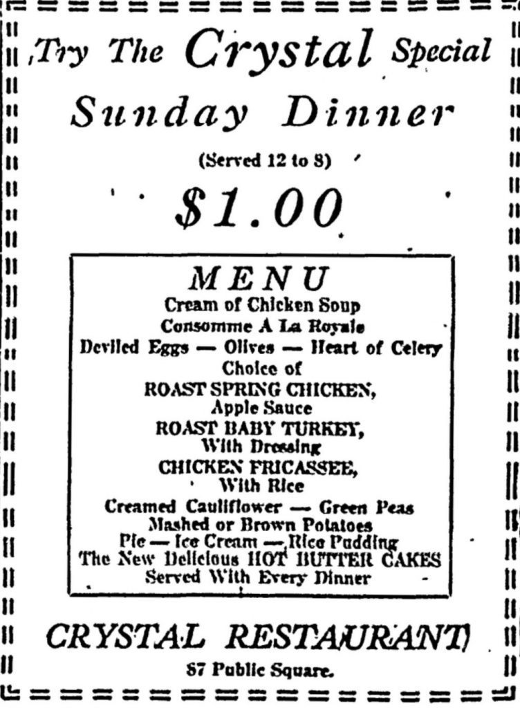 Crystal Restaurant - 87 Public Square 5 Crystal Restaurant menu from 1925